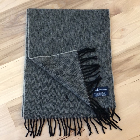 Polo Ralph Lauren Other - POLO RALPH LAUREN 100% Grey / Black Fringe Herringbone Pattern Warm Winter Scarf